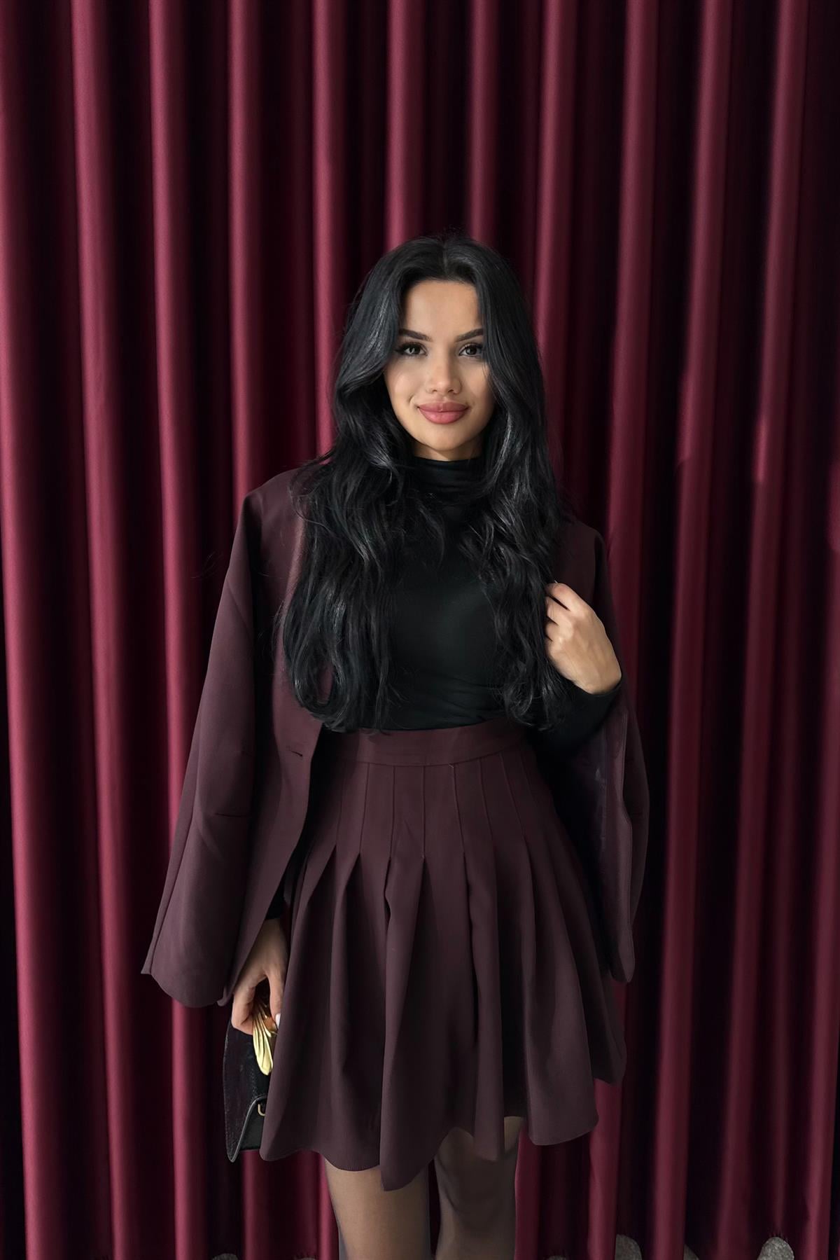 Pileli Mini Etek - BORDO