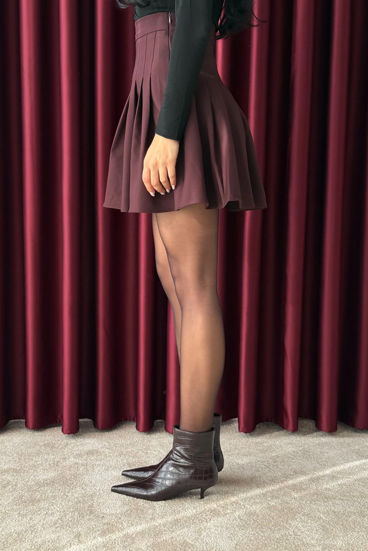 Pileli Mini Etek - BORDO