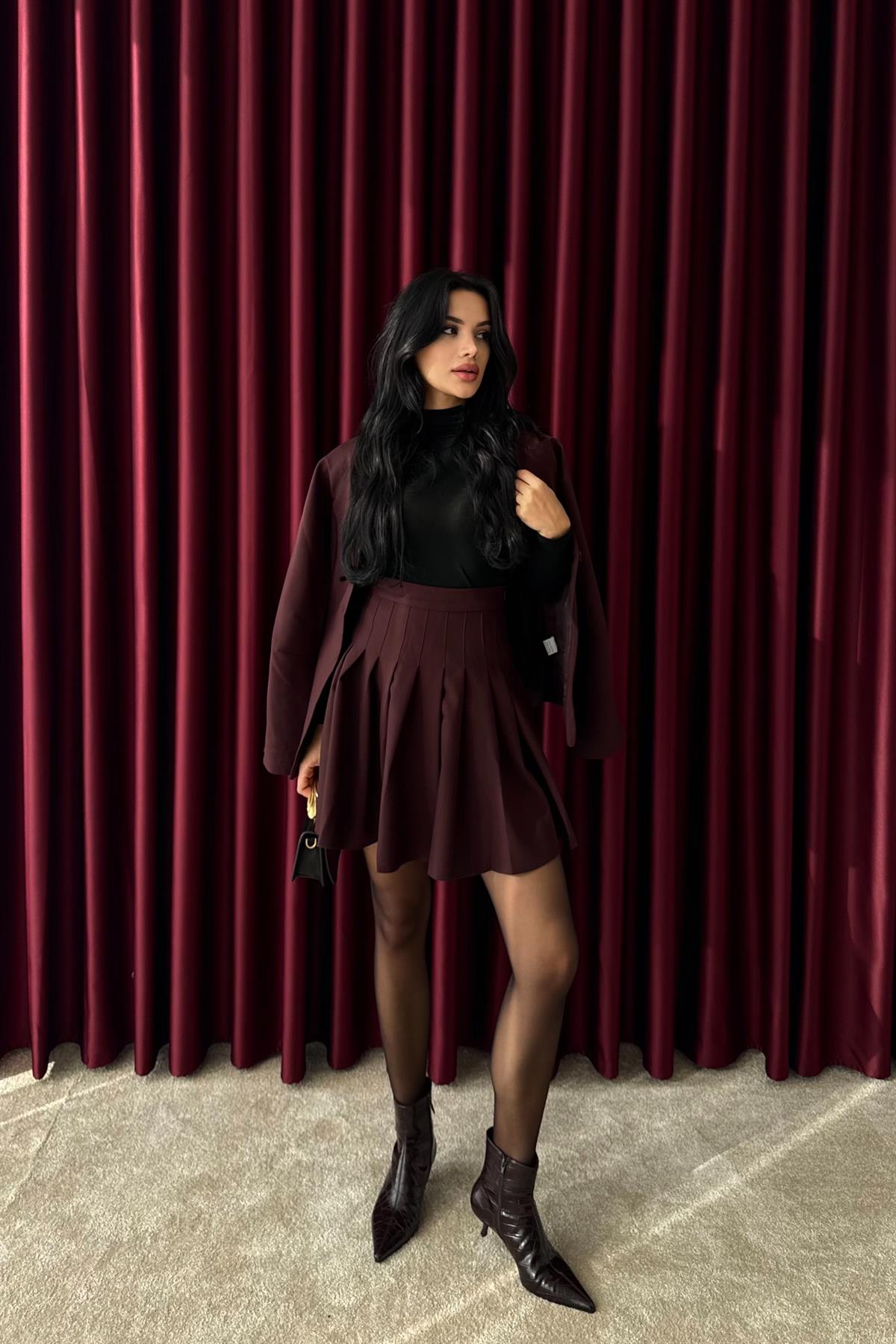 Pileli Mini Etek - BORDO