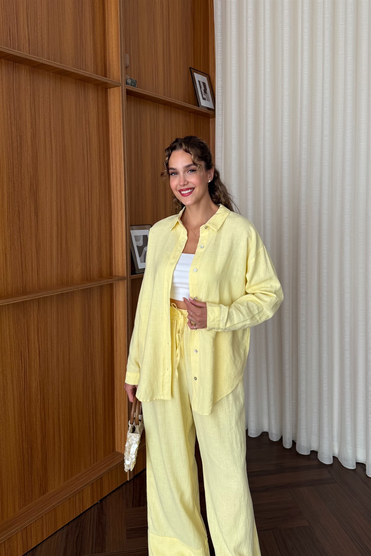 Premium Keten Pantolonlu Takım - SARI