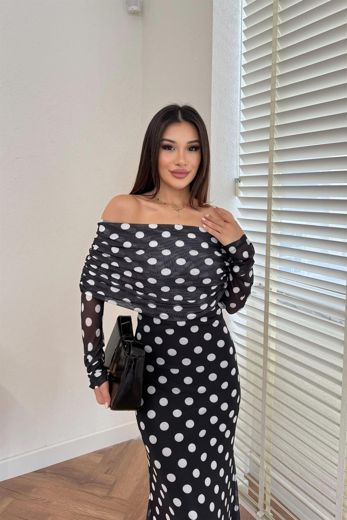 Puantiyeli Tül Elbise - SİYAH