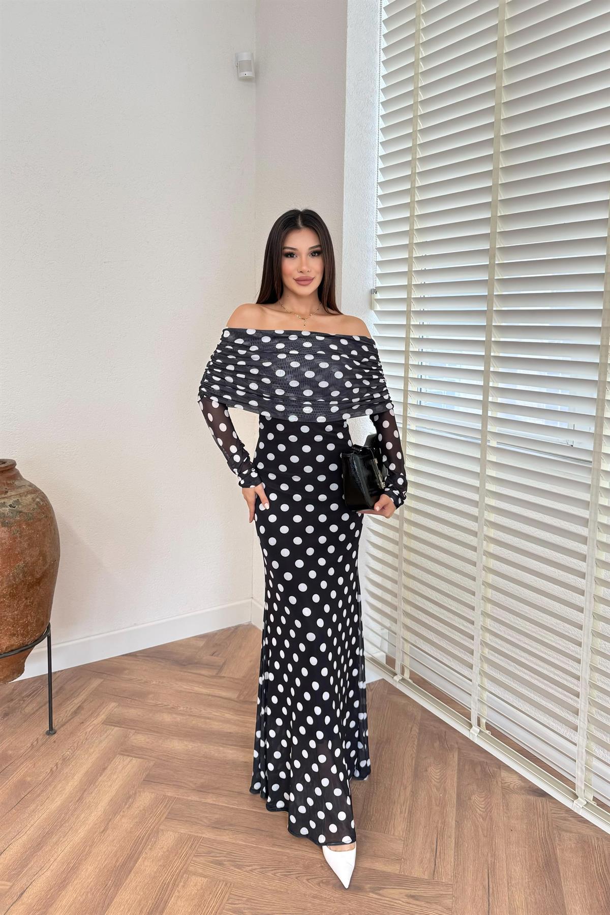 Puantiyeli Tül Elbise - SİYAH