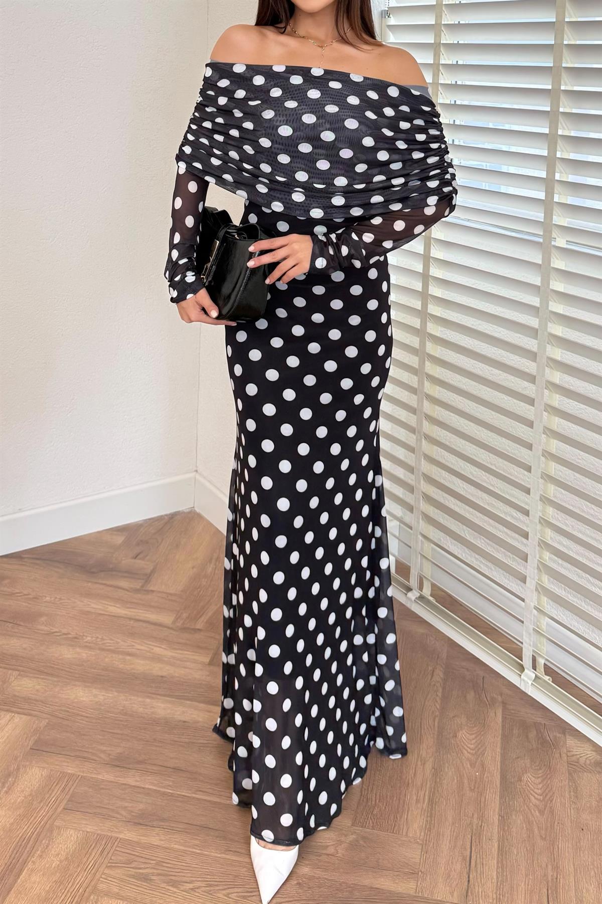 Puantiyeli Tül Elbise - SİYAH