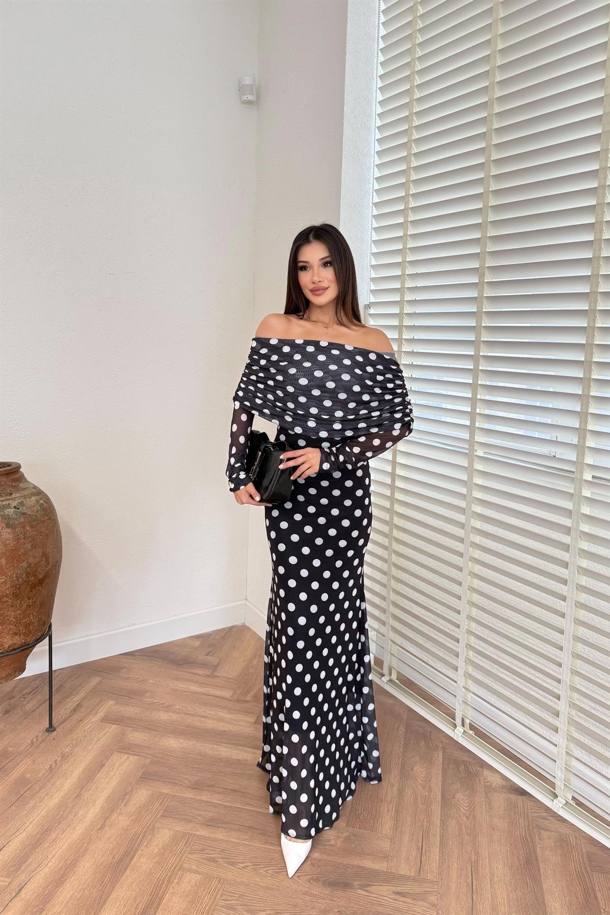 Puantiyeli Tül Elbise - SİYAH