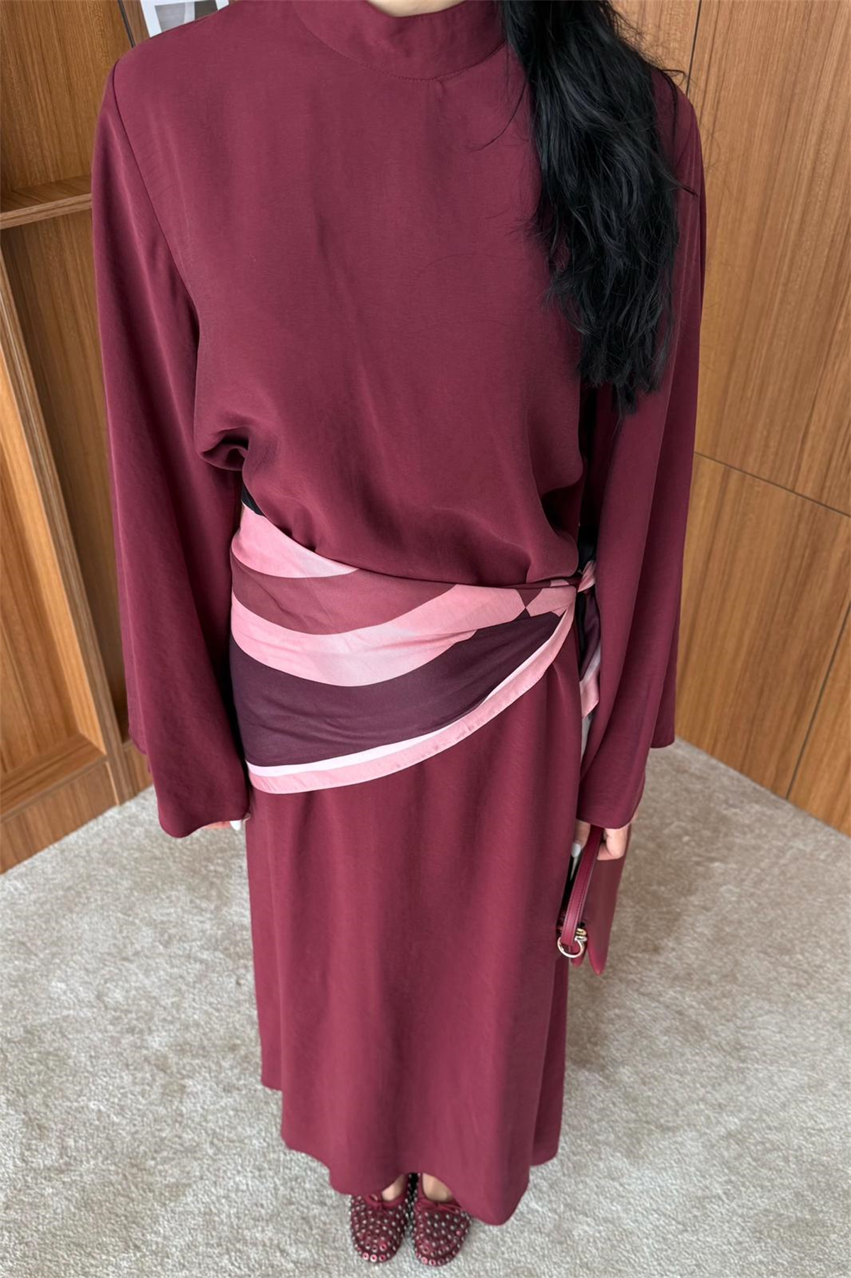 Şal Aksesuarlı Modal Elbise - BORDO