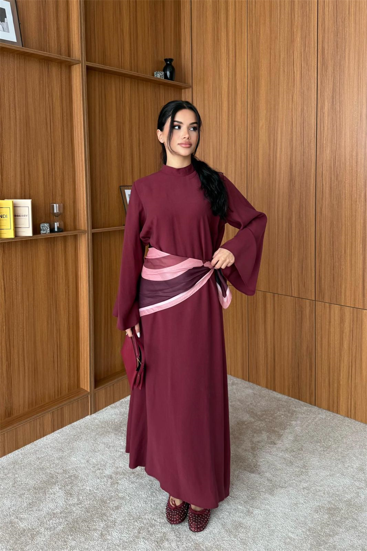 Şal Aksesuarlı Modal Elbise - BORDO