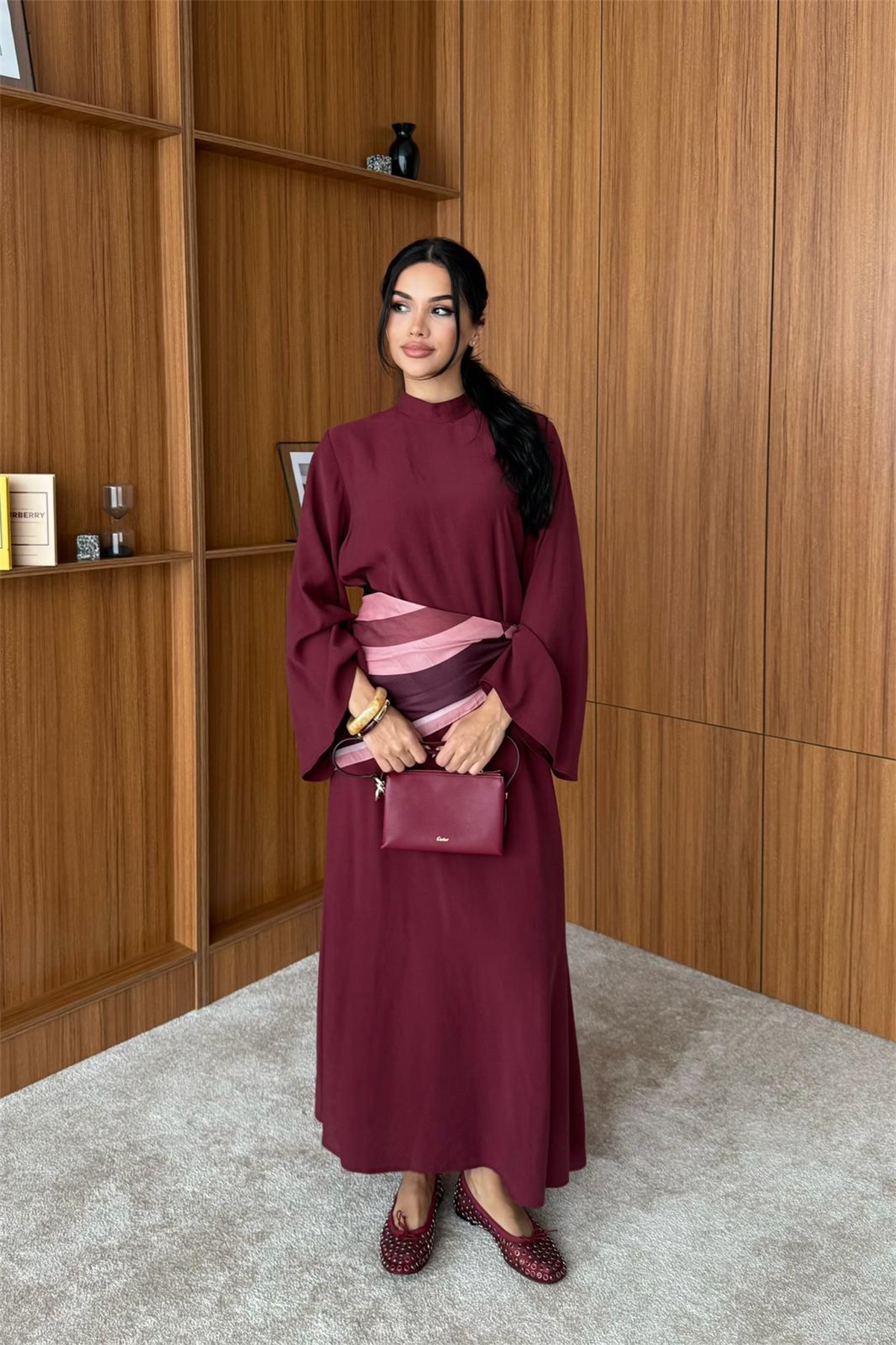 Şal Aksesuarlı Modal Elbise - BORDO