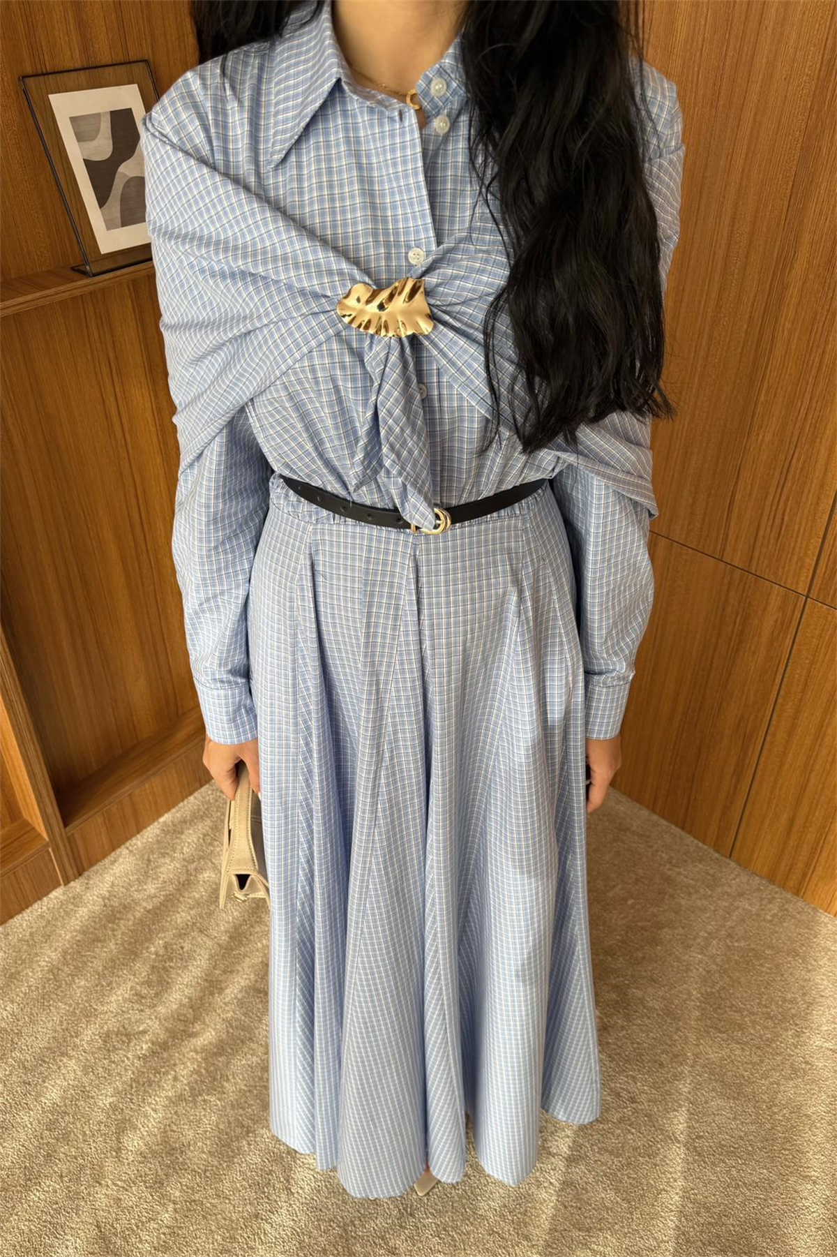 Şal Aksesuarlı Pötikare Gömlek Elbise - MAVİ