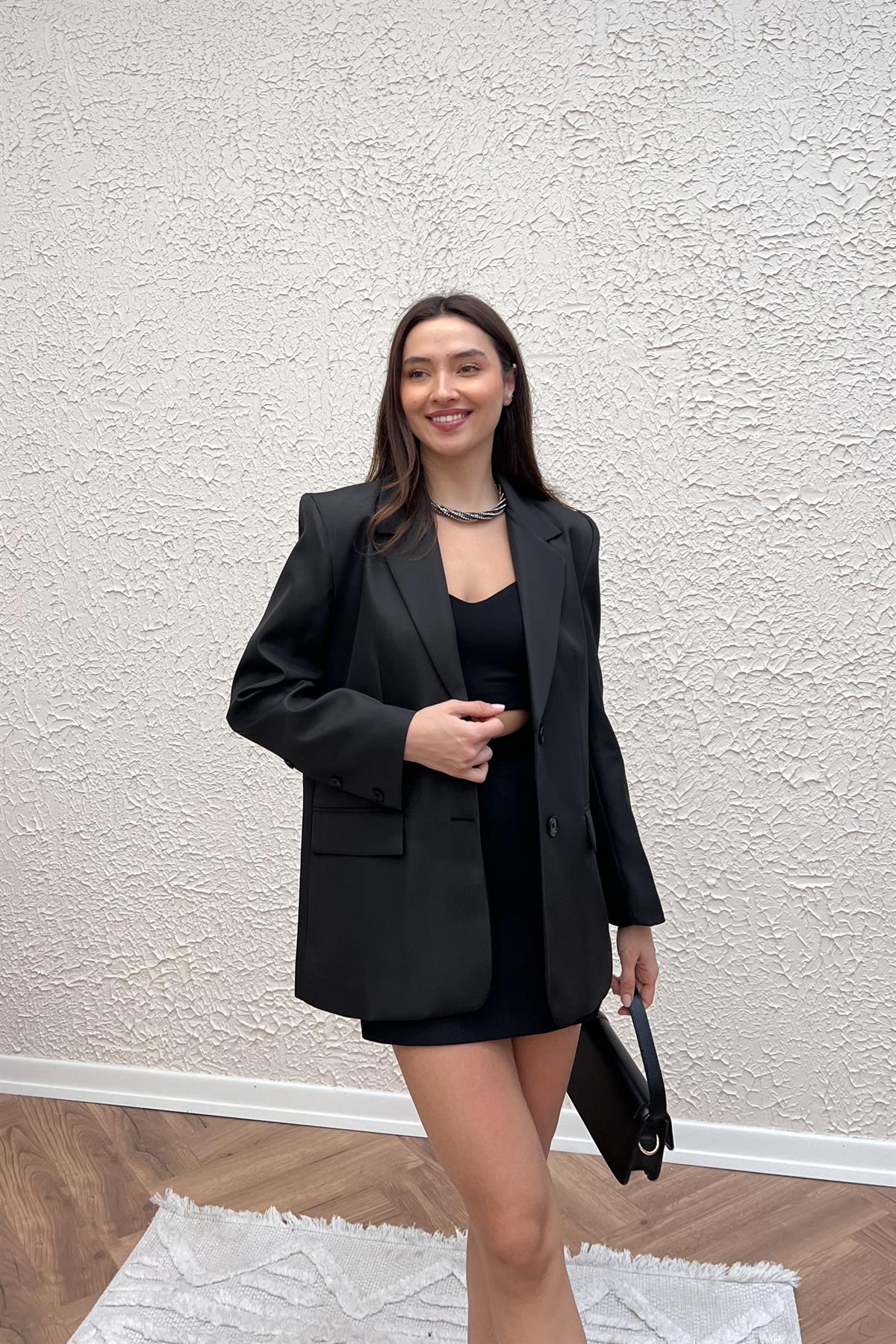 Saten Dokulu Blazer Ceket - SİYAH