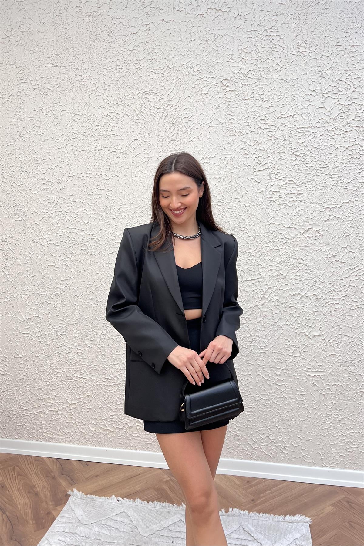Saten Dokulu Blazer Ceket - SİYAH