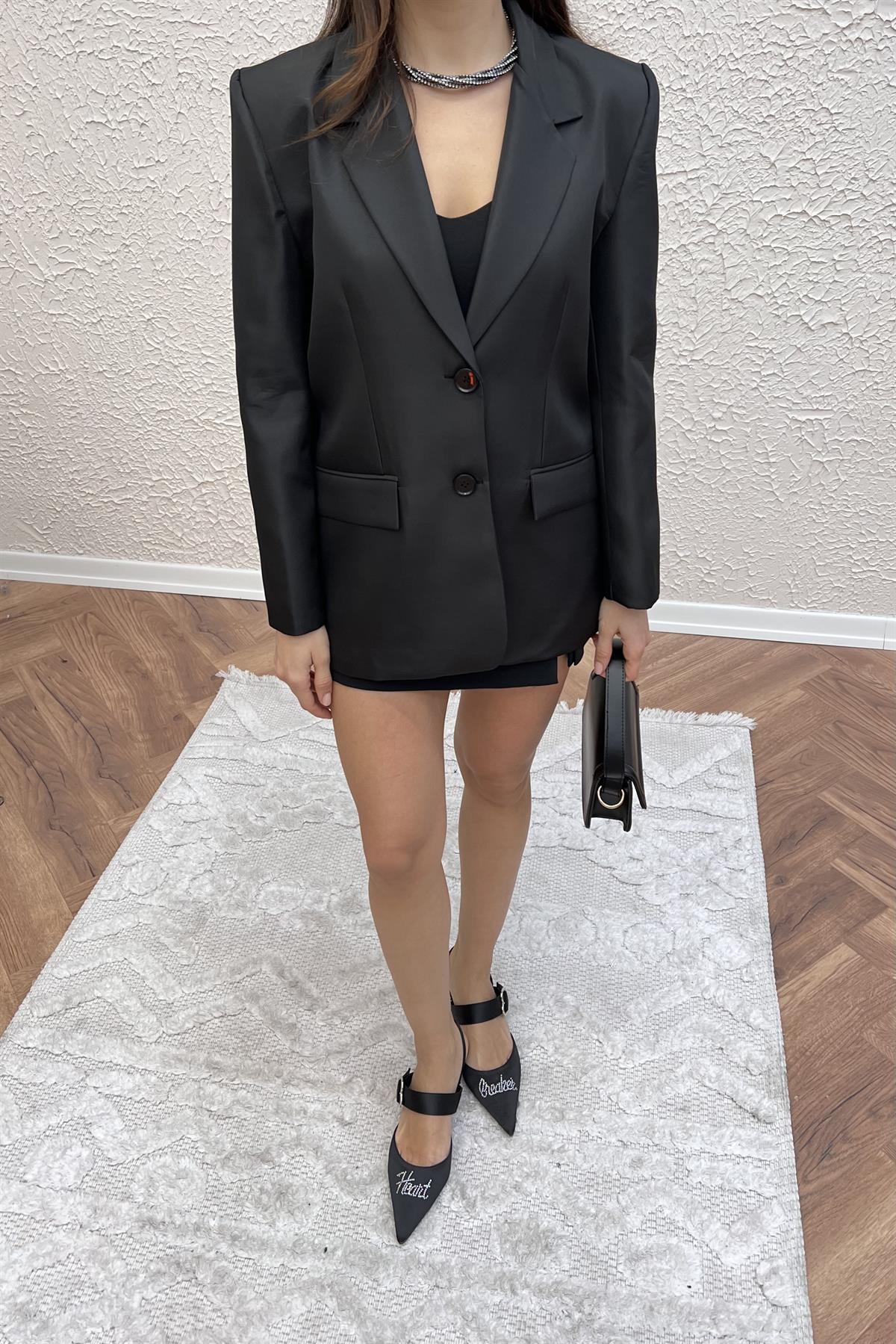 Saten Dokulu Blazer Ceket - SİYAH