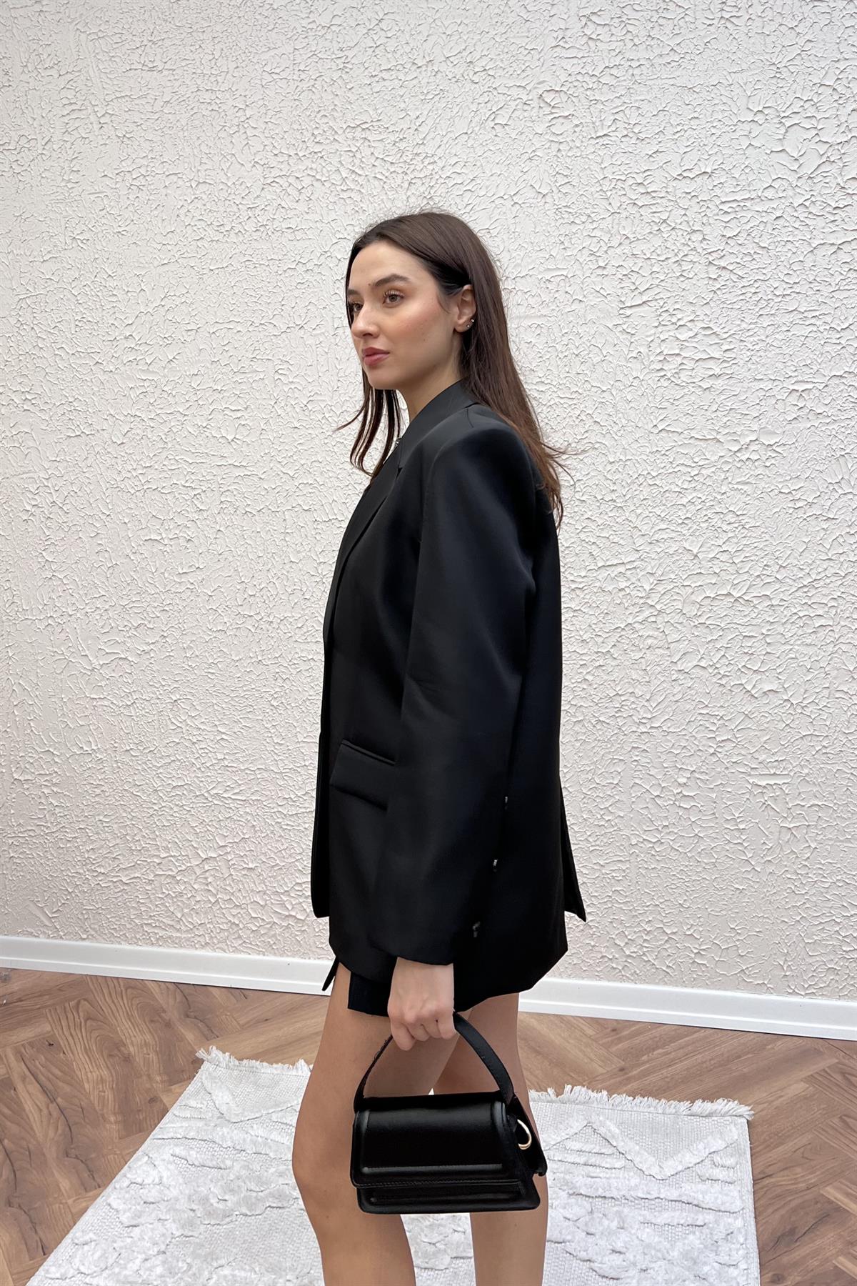 Saten Dokulu Blazer Ceket - SİYAH