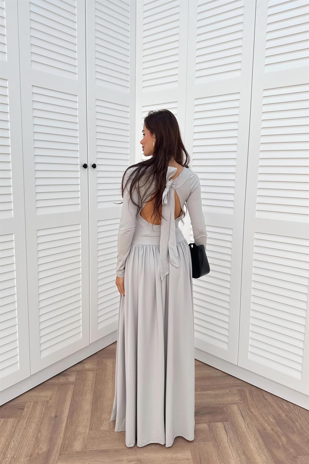 Sırt Detaylı Uzun Boy Elbise - GRİ