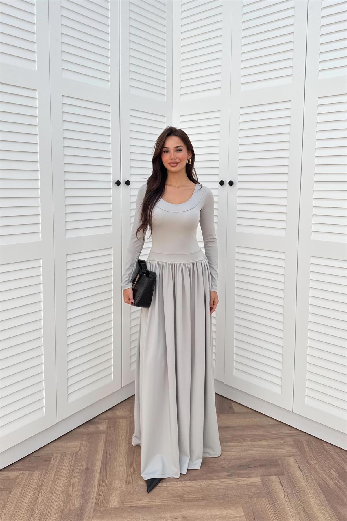 Sırt Detaylı Uzun Boy Elbise - GRİ