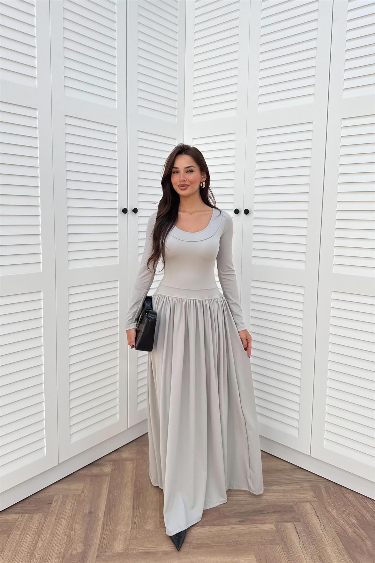 Sırt Detaylı Uzun Boy Elbise - GRİ