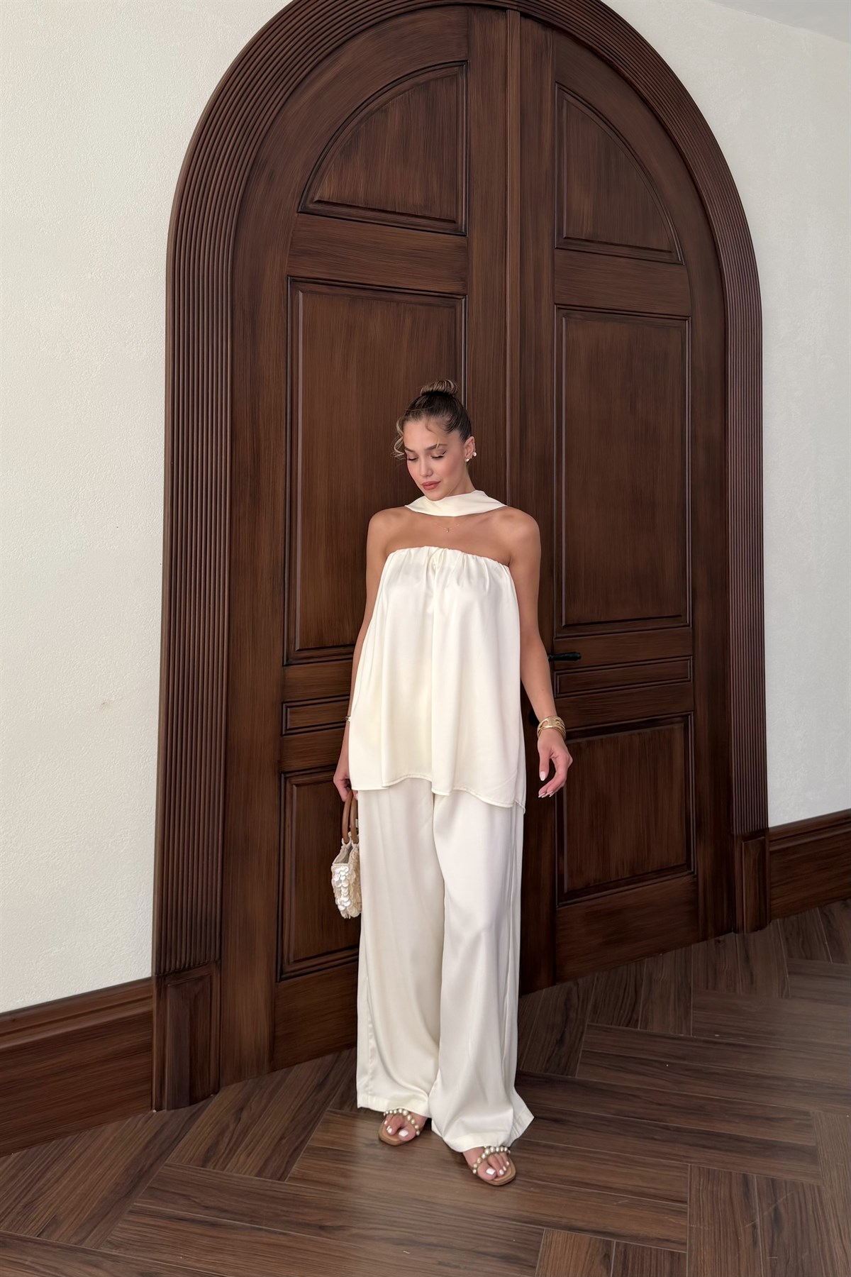 Straplez Saten Bluz Pantolon Takım - SARI