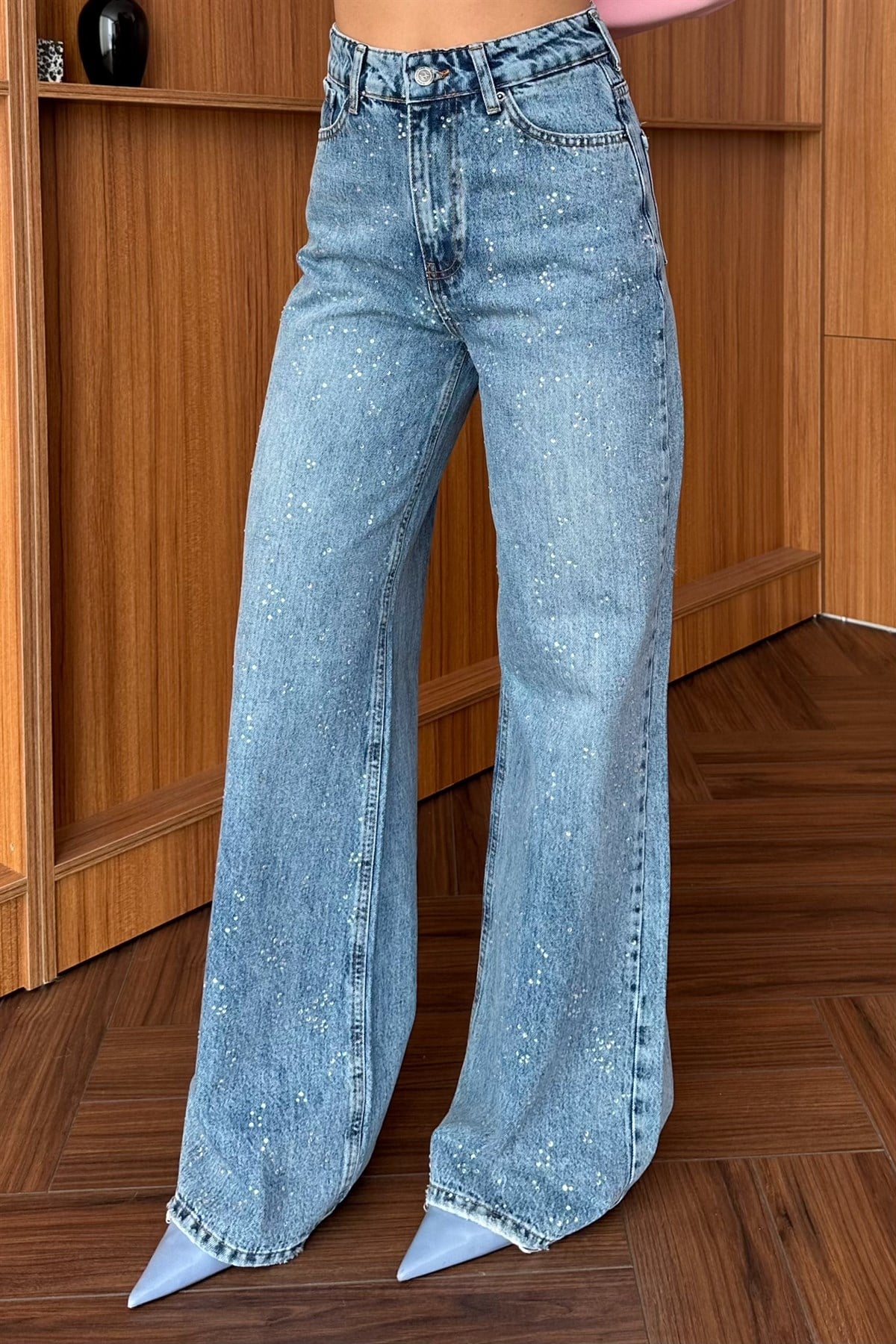 Taşlı Denim Palazzo Pantolon - MAVİ