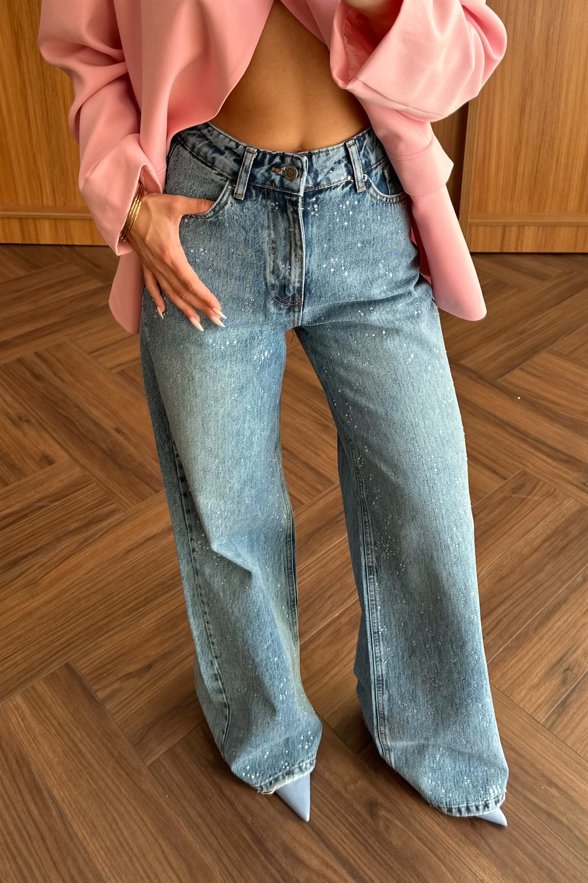 Taşlı Denim Palazzo Pantolon - MAVİ