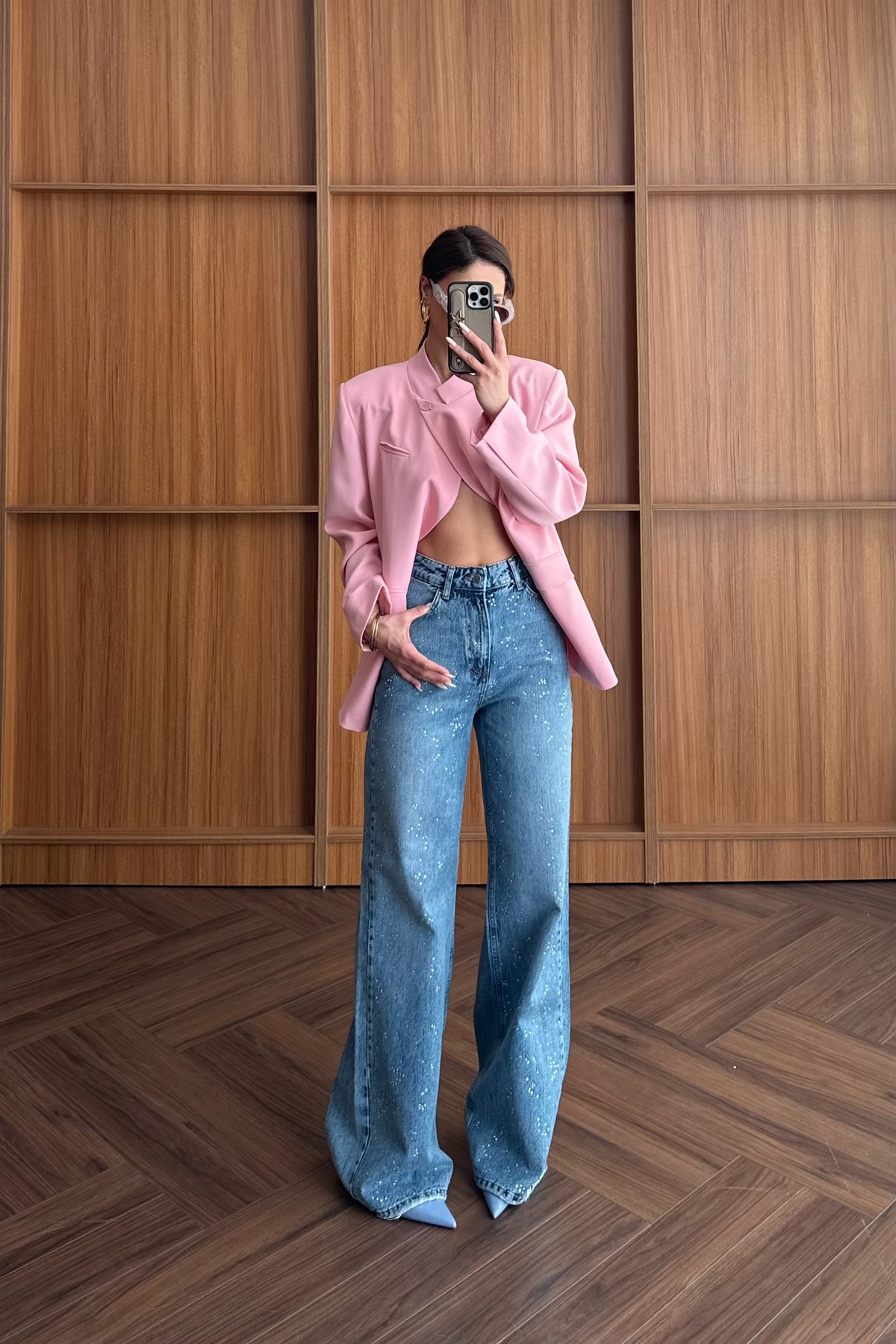 Taşlı Denim Palazzo Pantolon - MAVİ