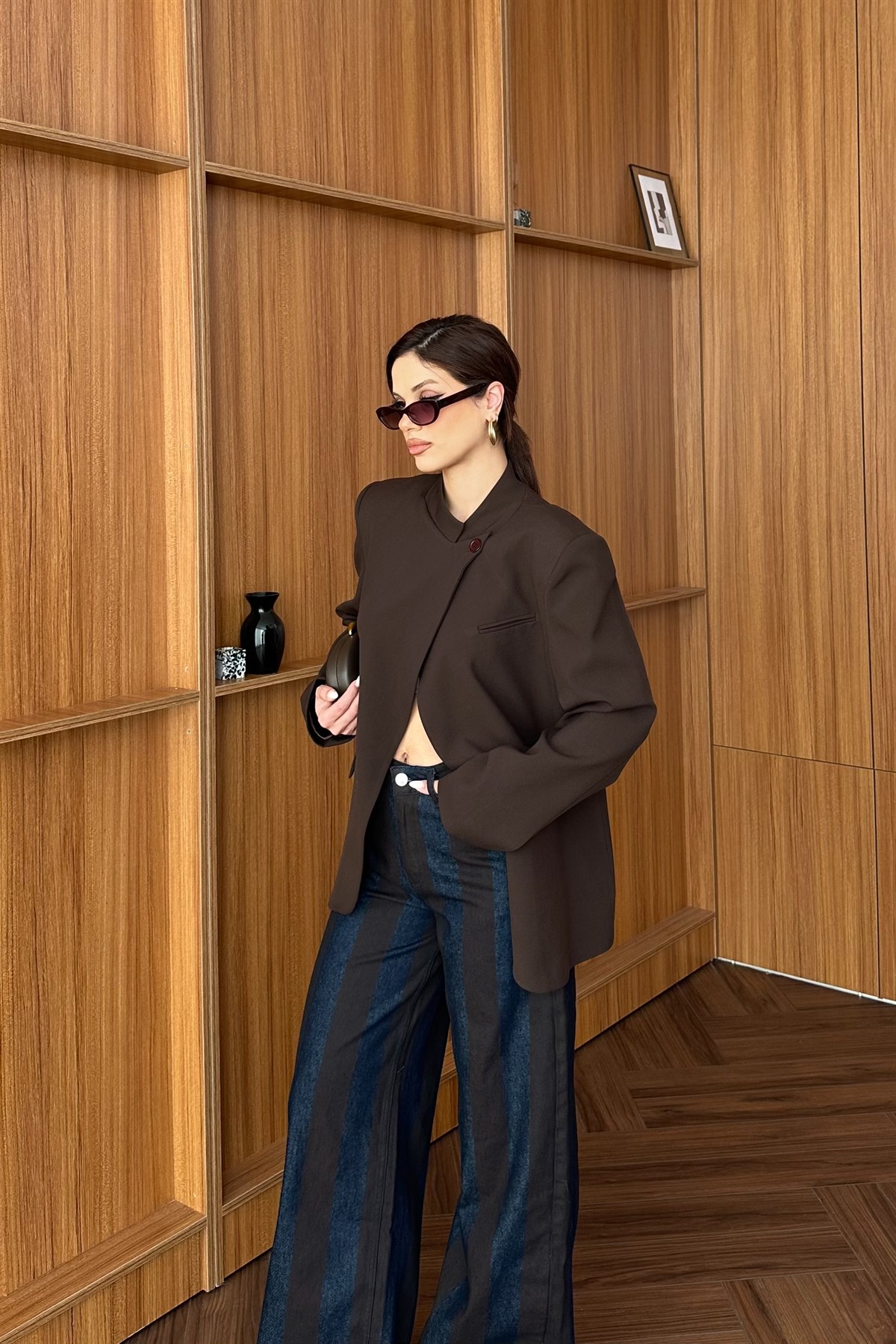 Tek Düğme Detaylı Blazer Ceket - KAHVE