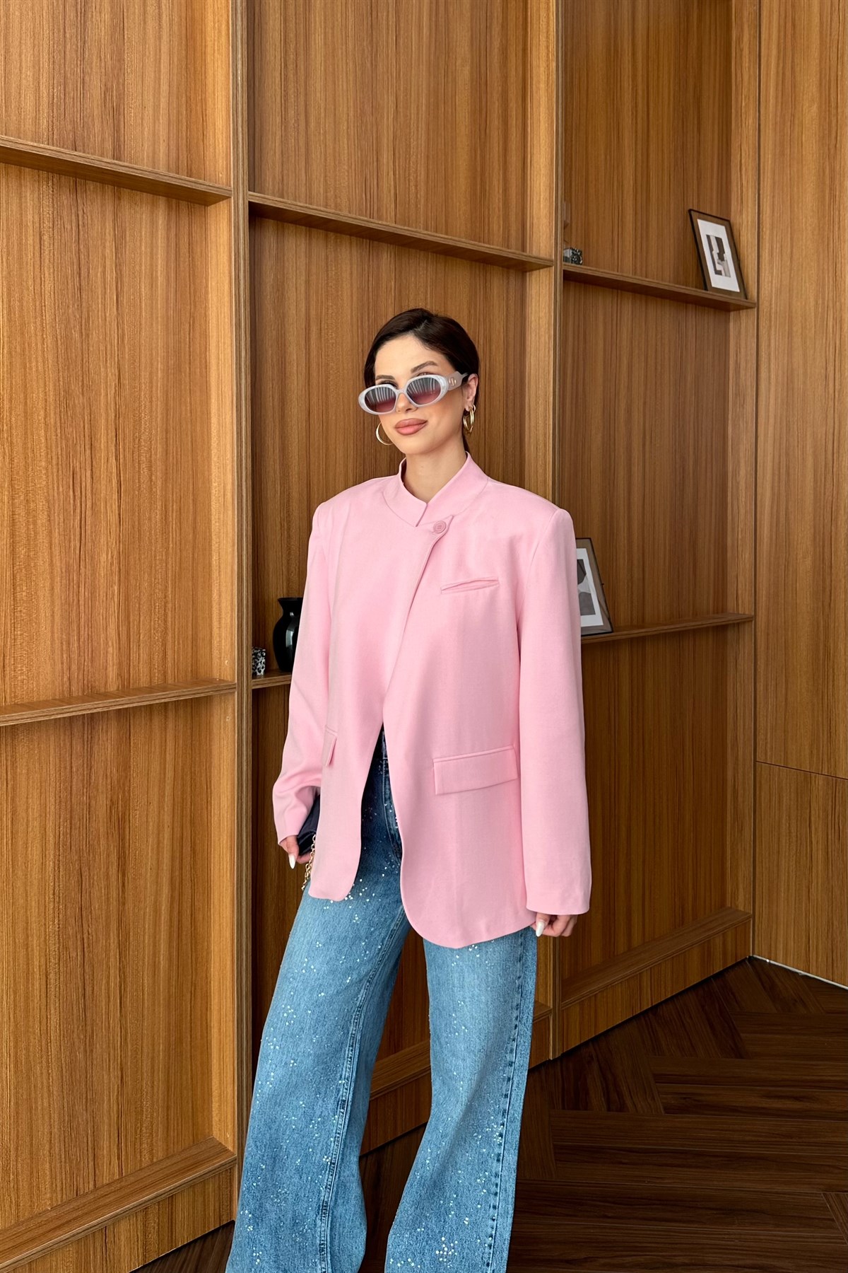 Tek Düğme Detaylı Blazer Ceket - PEMBE