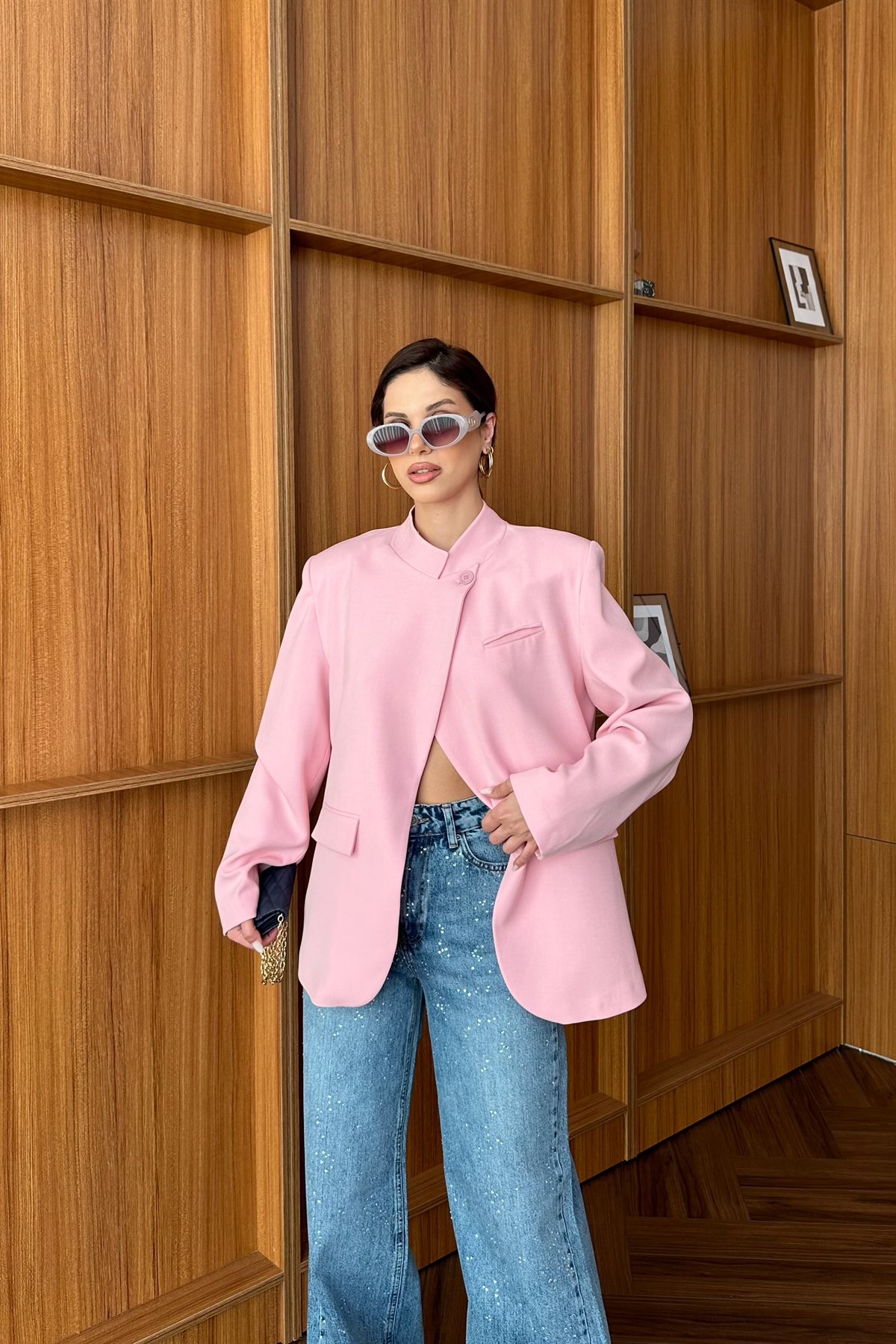 Tek Düğme Detaylı Blazer Ceket - PEMBE