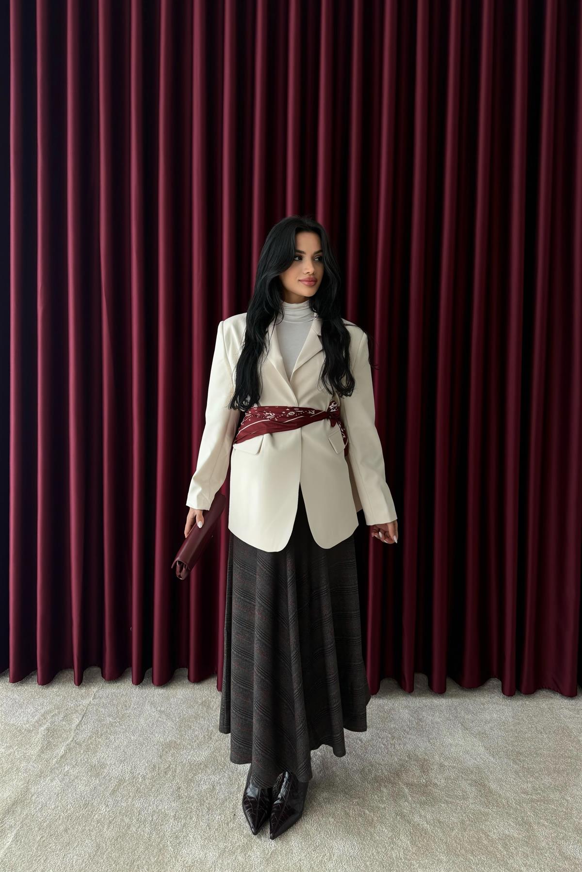 Tek Düğmeli Fularlı Blazer Ceket - EKRU