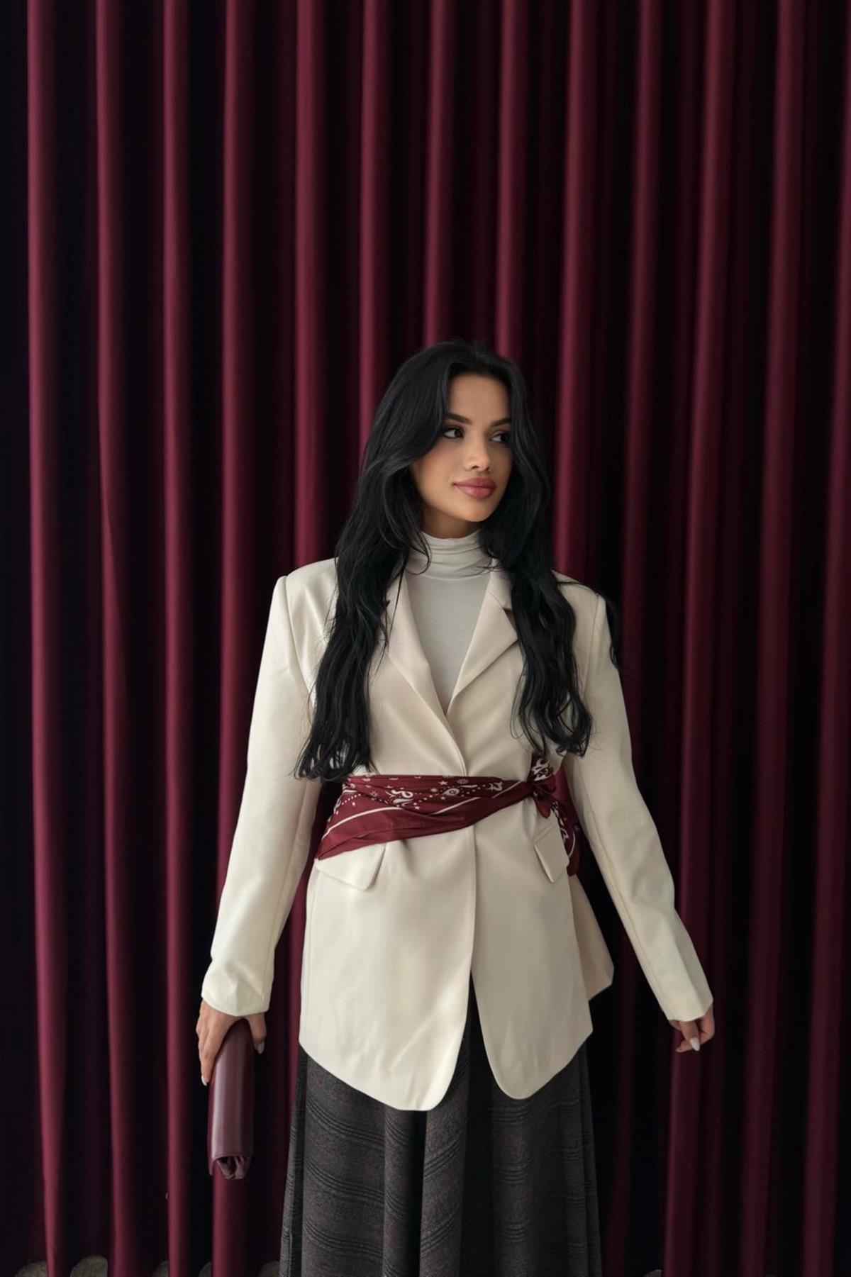 Tek Düğmeli Fularlı Blazer Ceket - EKRU