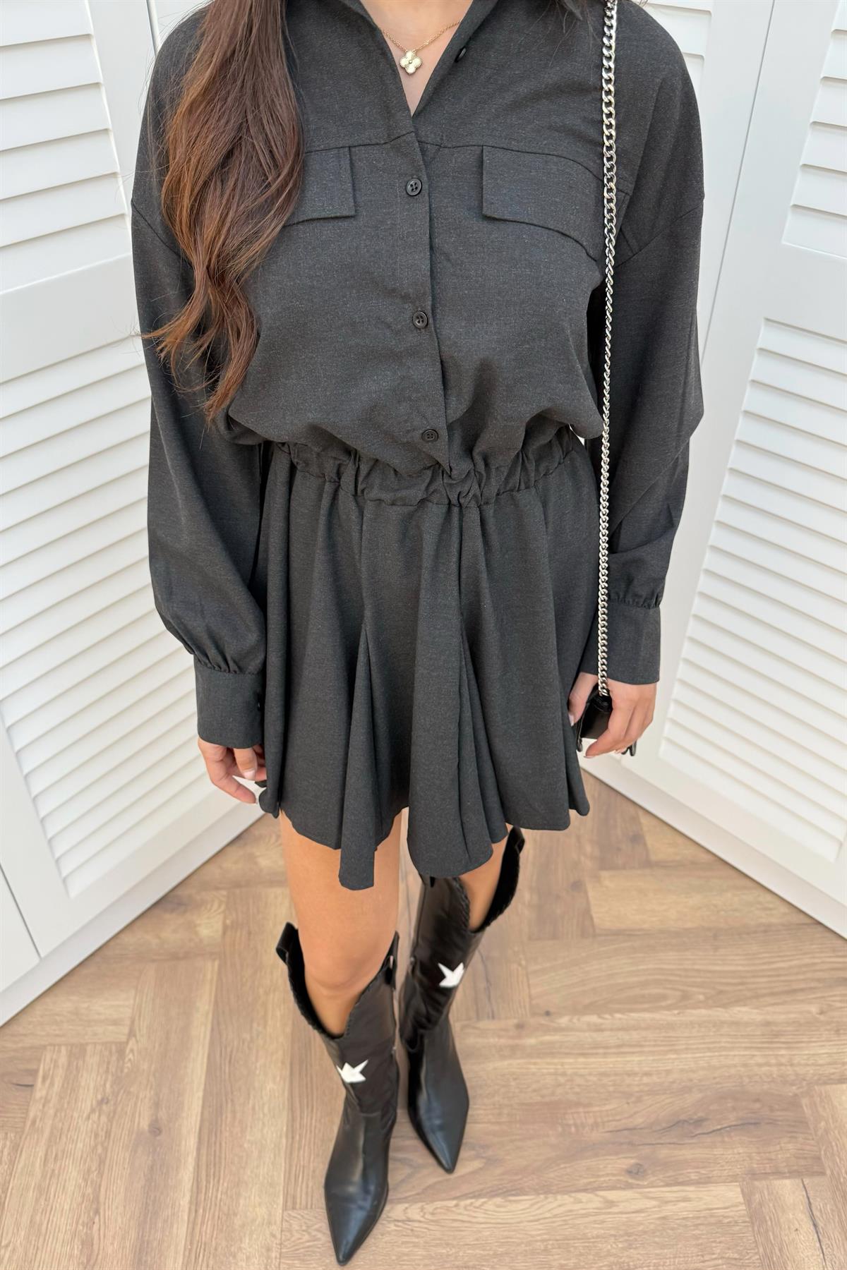 Volan Etekli Elbise - ANTRASİT