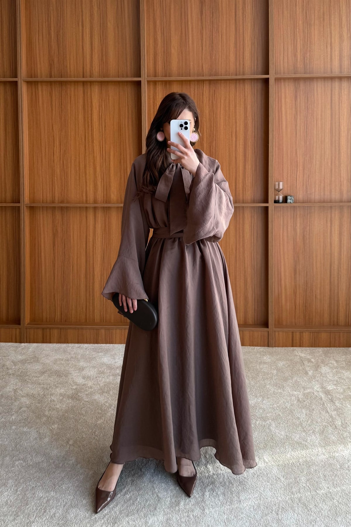 Volan Kol  Detaylı Elbise - KAHVE