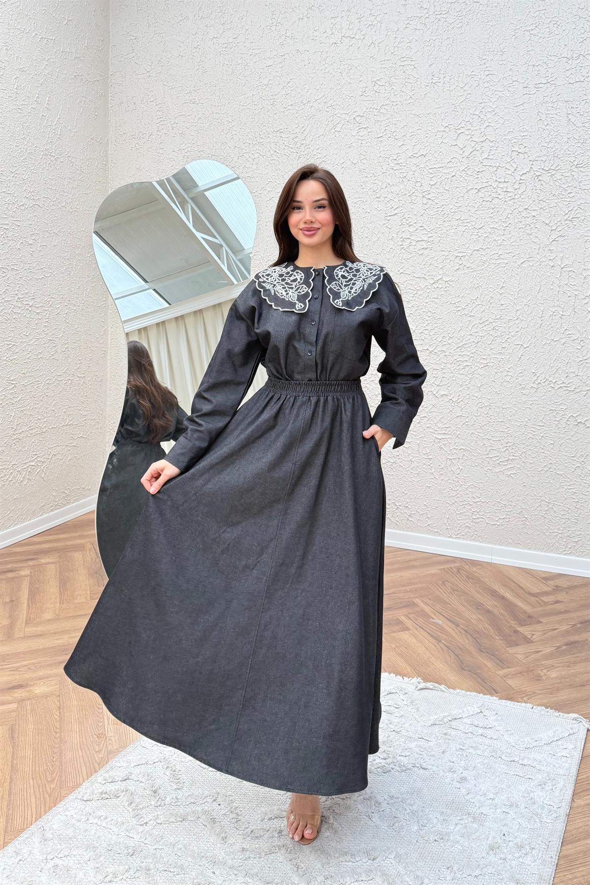 Yaka Nakışlı Denim Etekli Takım - SİYAH