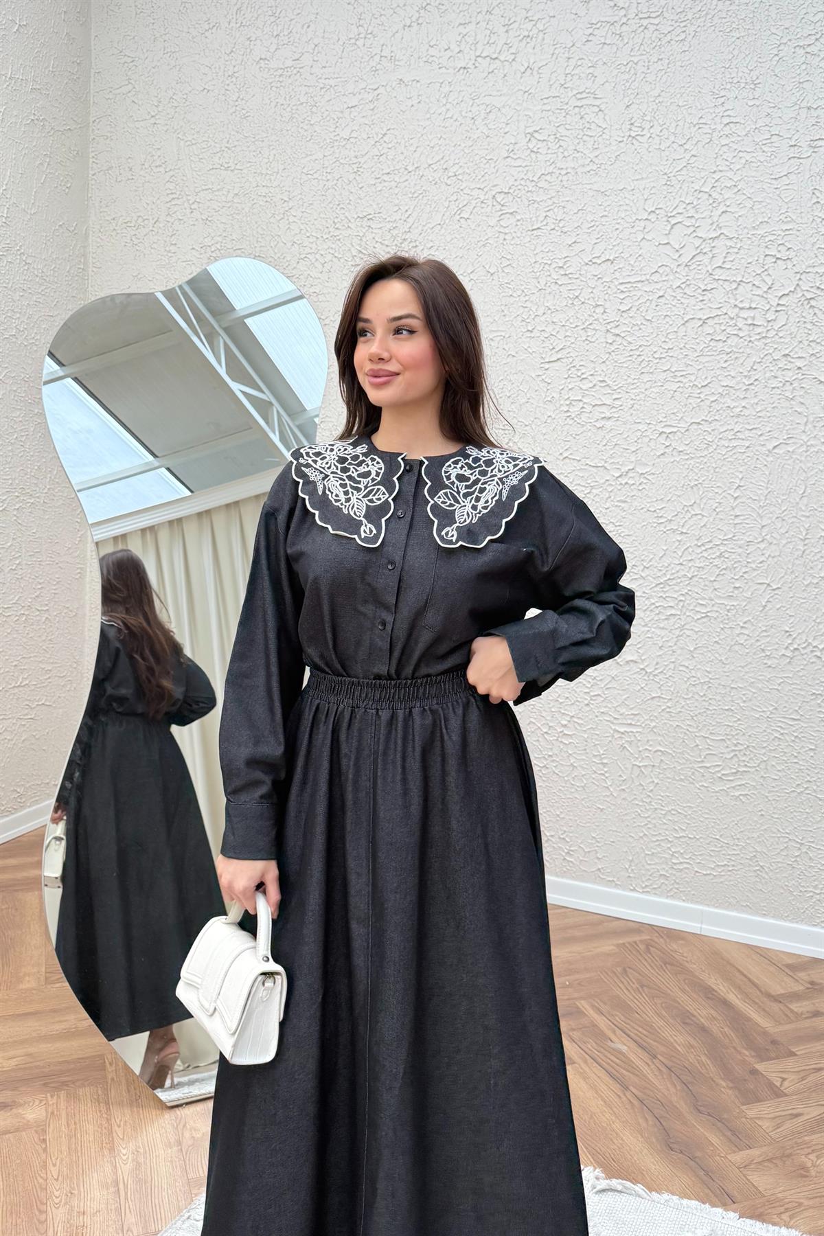 Yaka Nakışlı Denim Etekli Takım - SİYAH