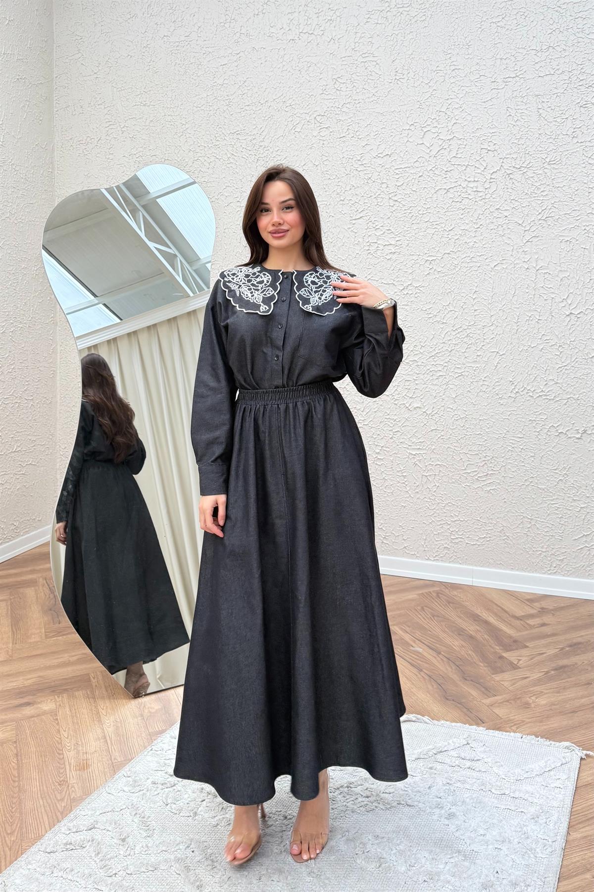 Yaka Nakışlı Denim Etekli Takım - SİYAH