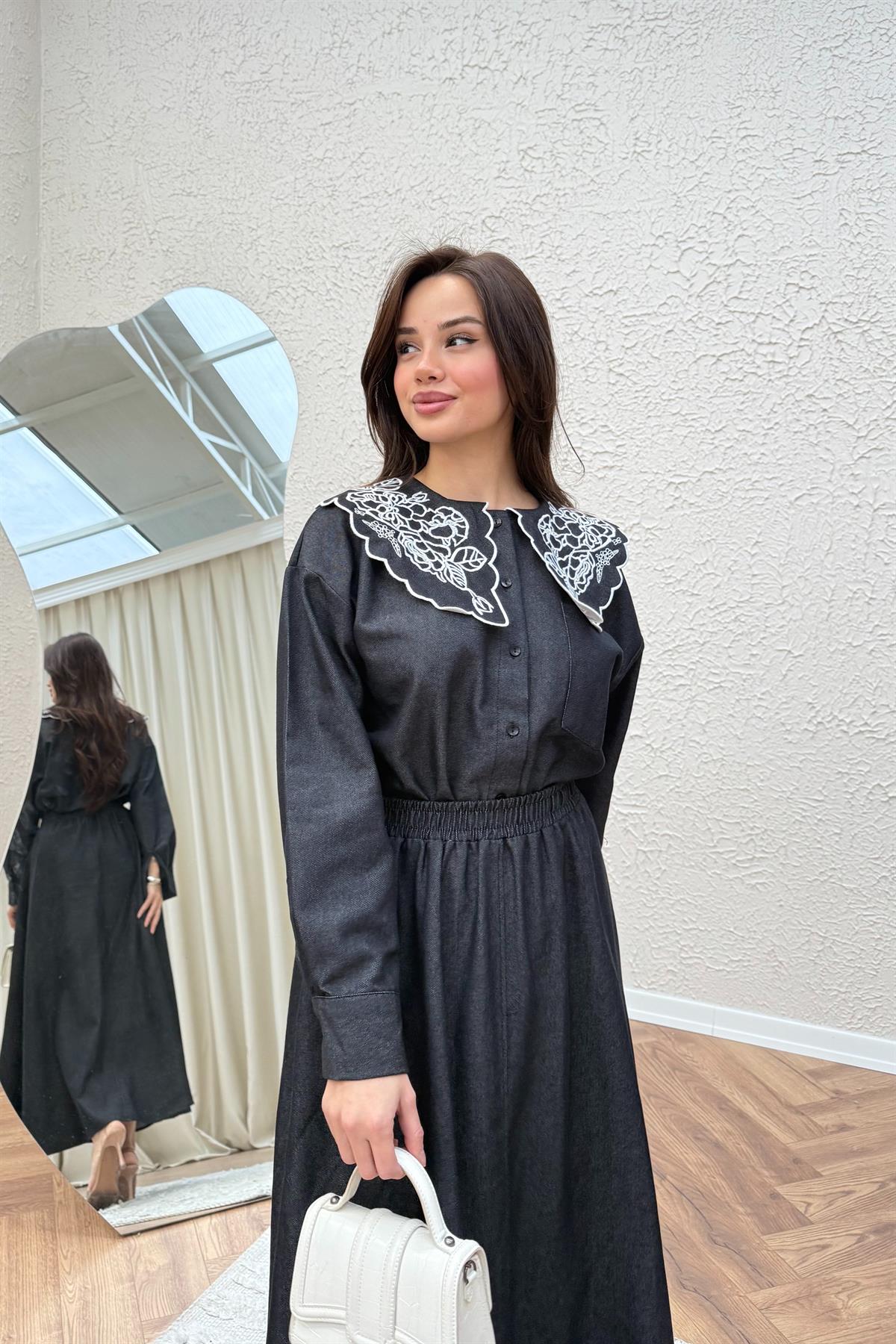 Yaka Nakışlı Denim Etekli Takım - SİYAH