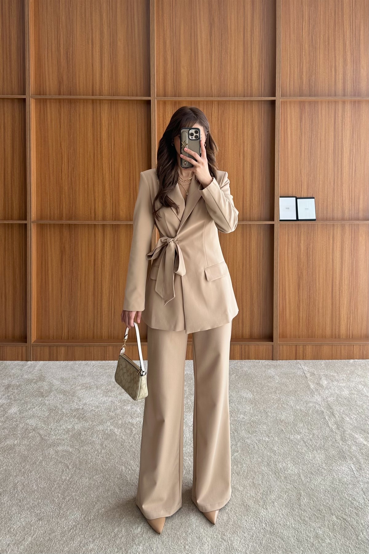 Yandan Bağlamalı Blazer Pantolon Takım - KOYU BEJ