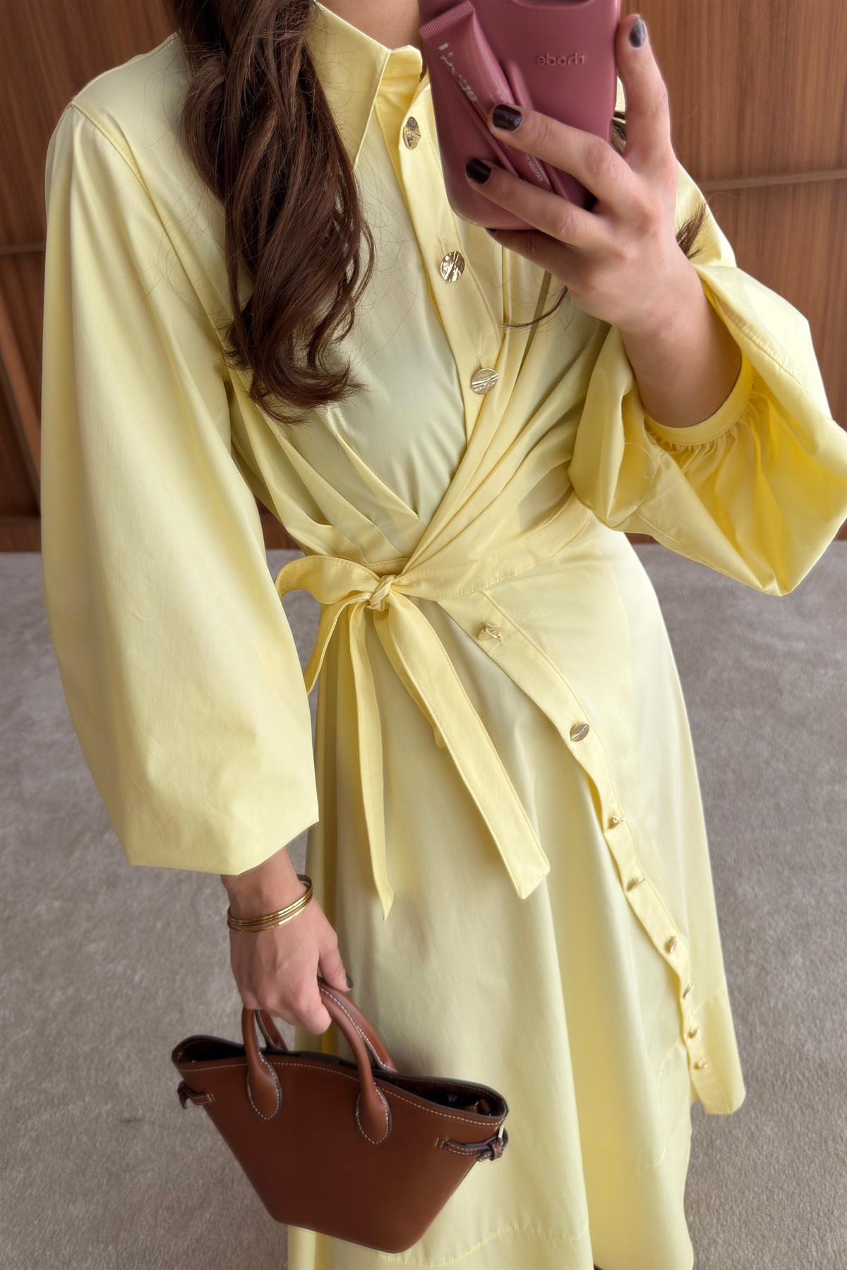 Yandan Bağlamalı Poplin Elbise - SARI