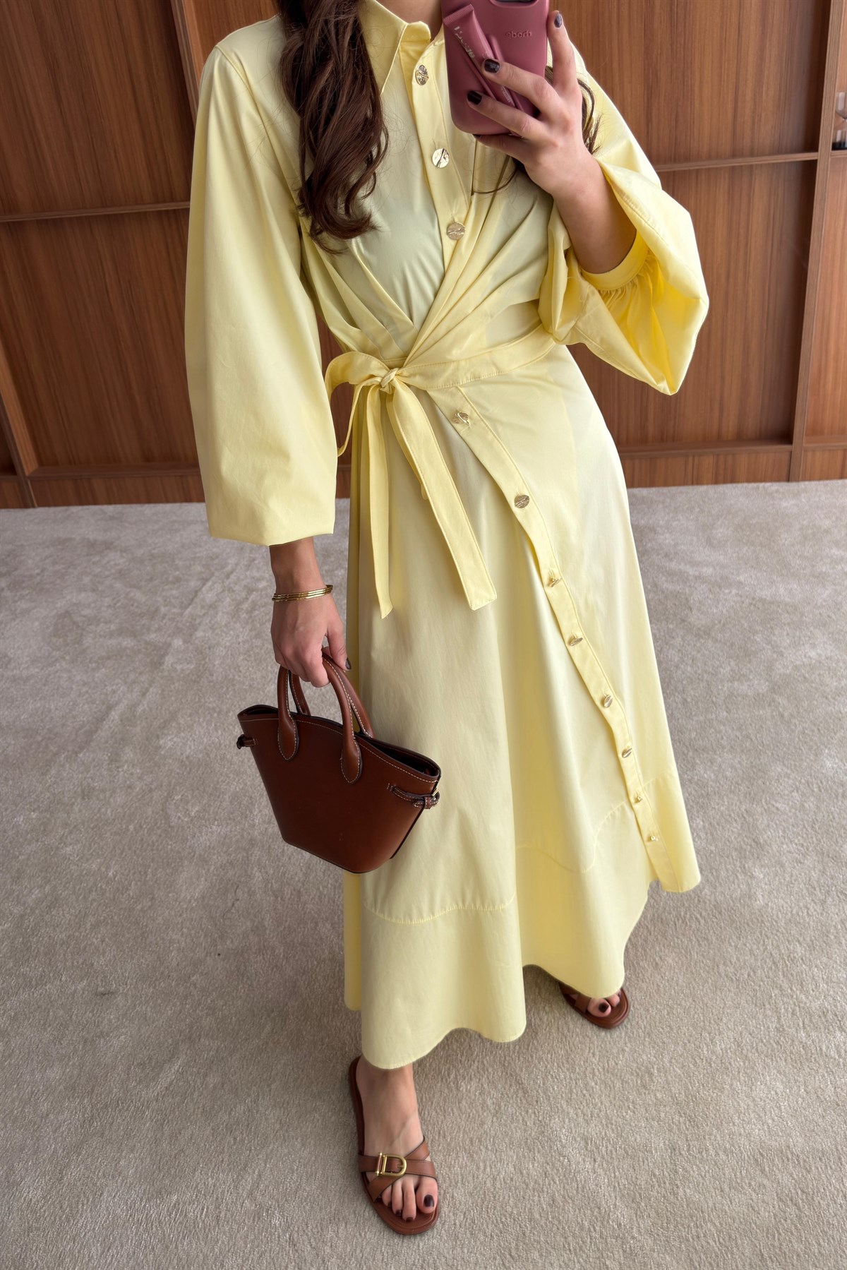 Yandan Bağlamalı Poplin Elbise - SARI