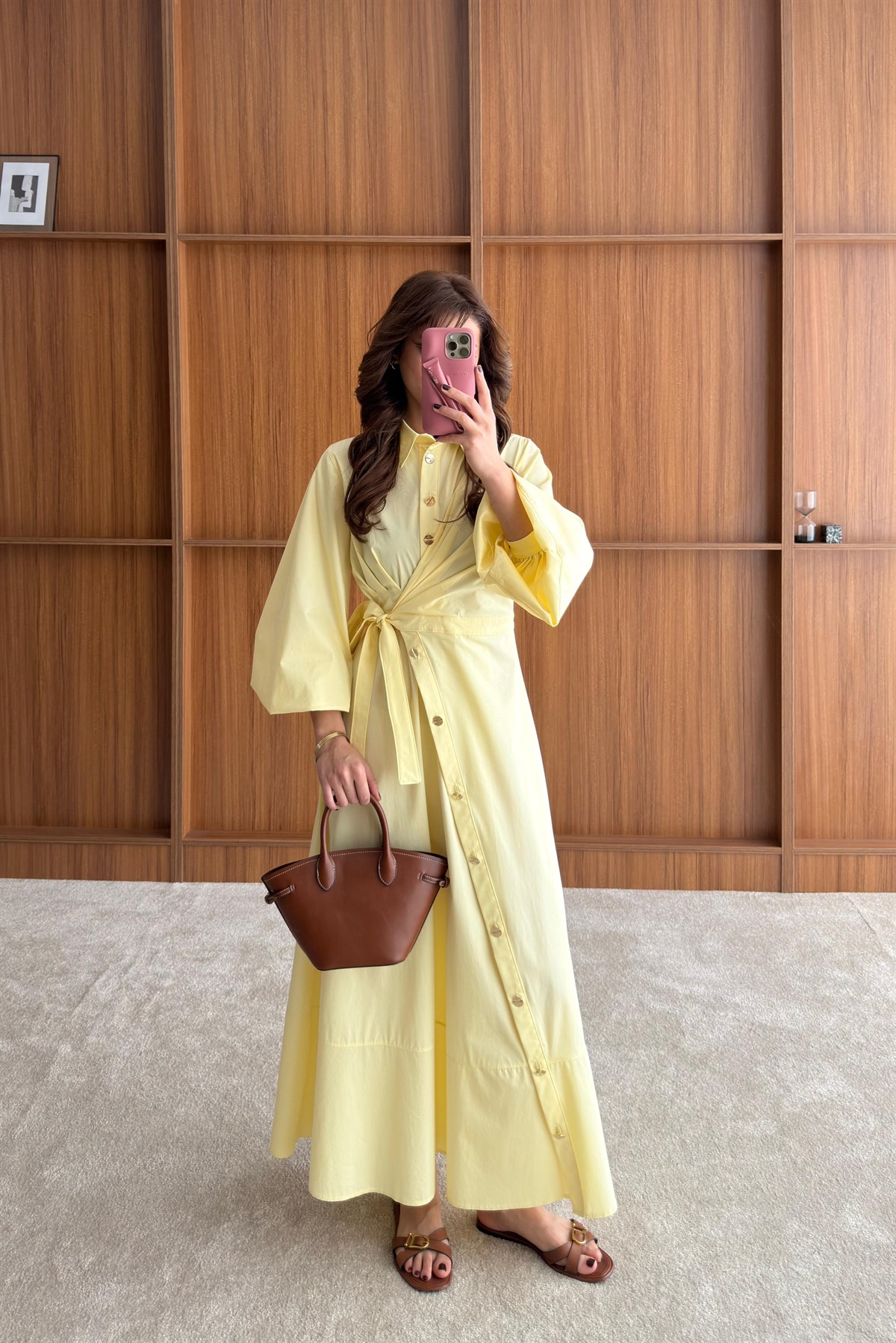 Yandan Bağlamalı Poplin Elbise - SARI