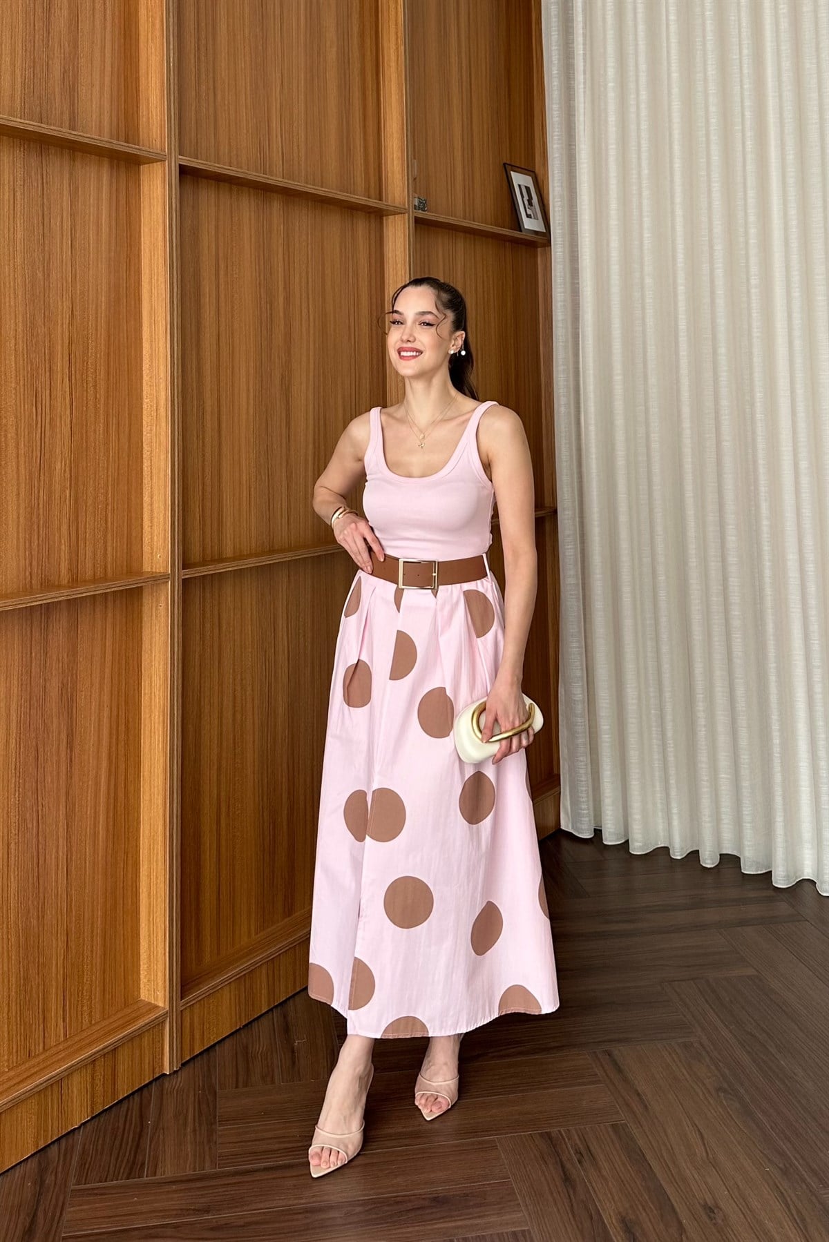 Yırtmaçlı Puantiyeli Etek - PEMBE