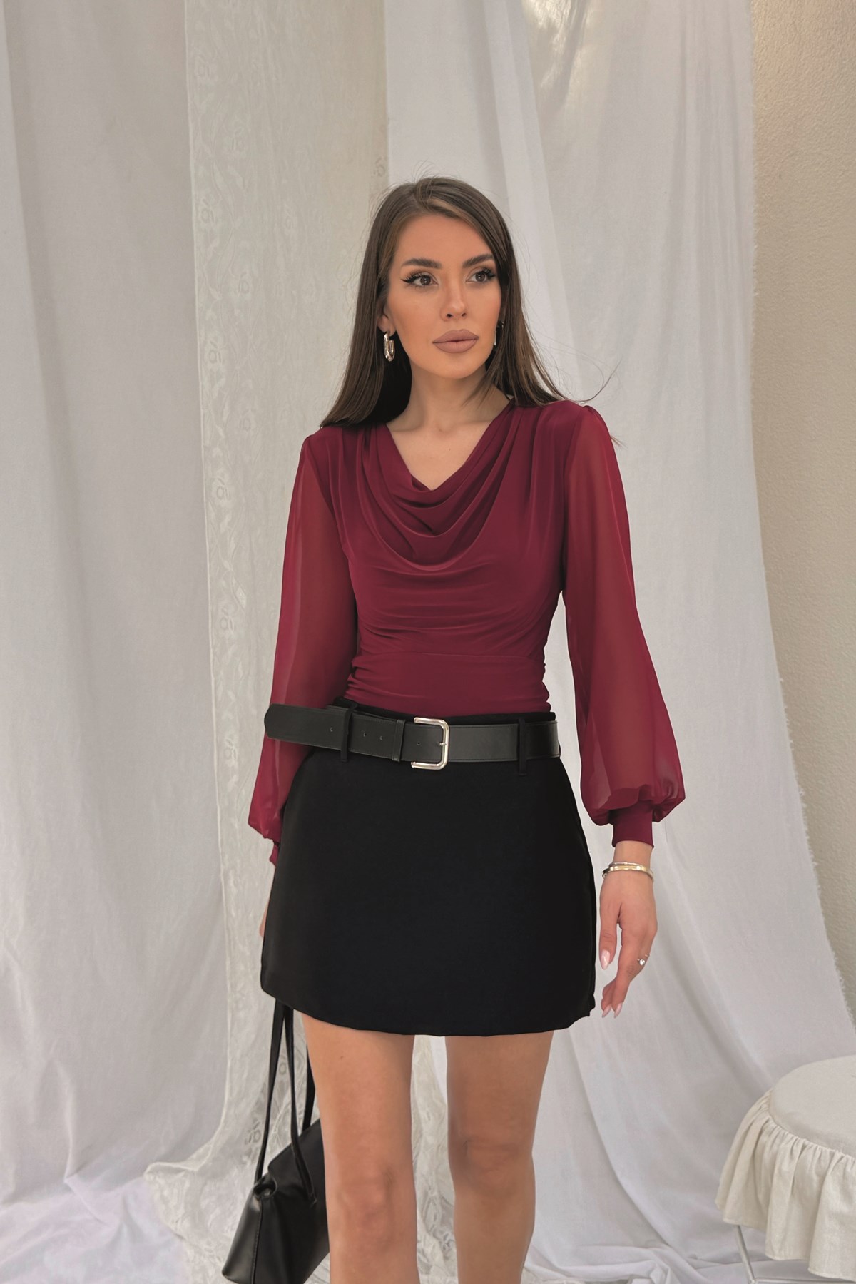 Bordo Kolları Balon Degaje Yaka Bluz