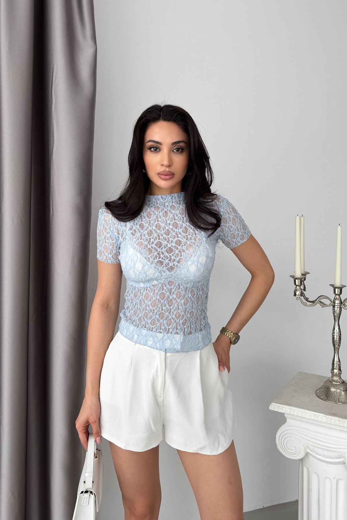 Mavi Kısa Kollu Dantel Body