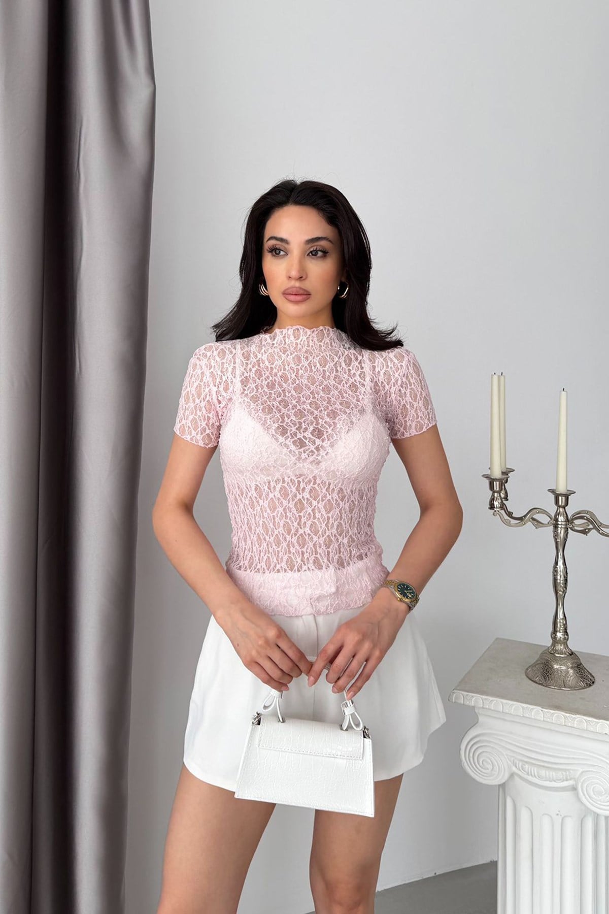 Pembe Kısa Kollu Dantel Body