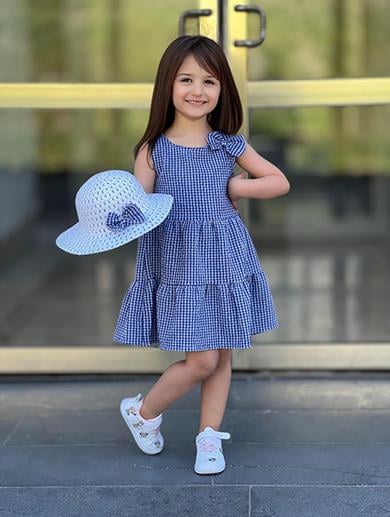 İPEKKİDS KIZ ÇOCUK GOFRE ŞAPKALI ELBİSE MAVİ