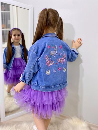 İPEKKİDS KIZ ÇOCUK HAWAİ GİRLS MAVİ KOT CEKET MOR ETEK