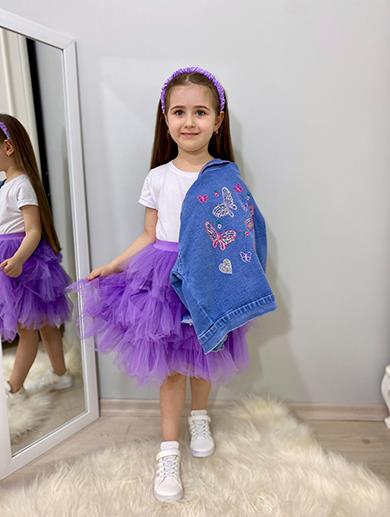 İPEKKİDS KIZ ÇOCUK HAWAİ GİRLS MAVİ KOT CEKET MOR ETEK