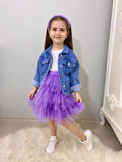 İPEKKİDS KIZ ÇOCUK HAWAİ GİRLS MAVİ KOT CEKET MOR ETEK