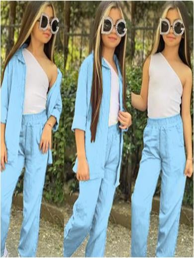 İPEKKİDS KIZ ÇOCUK GİYİM KETEN  KUMAŞ GOMLEK PANTALON TEK OMUZ BADİ KOMBİN