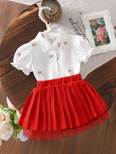 İpekkids KIZ ÇOCUK PİLELİ FİYONKLU ETEK GÖMLEK TAKIM KIRMIZI