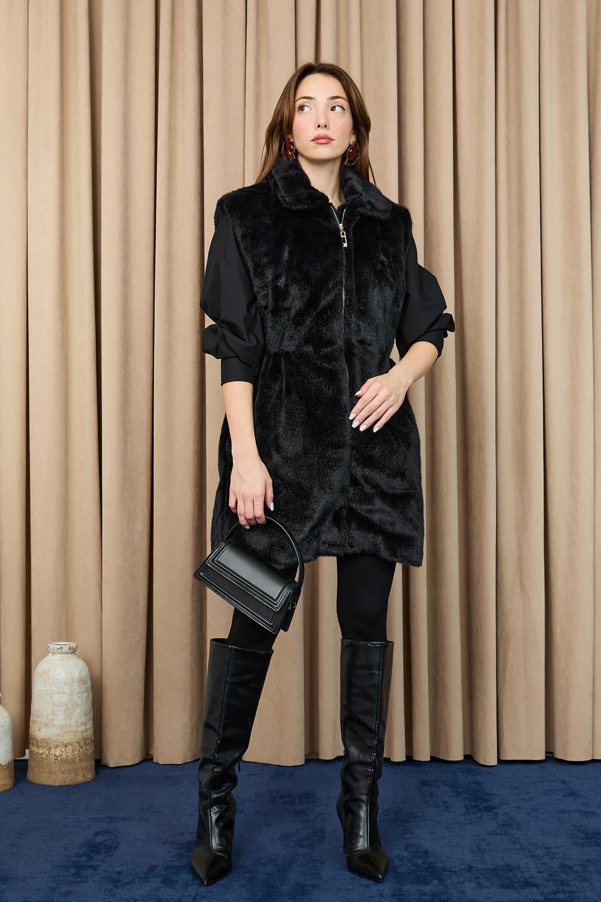 Kadın Kapüşonlu Beli Lastikli Peluş Yelek - 15235YLK - BLACK