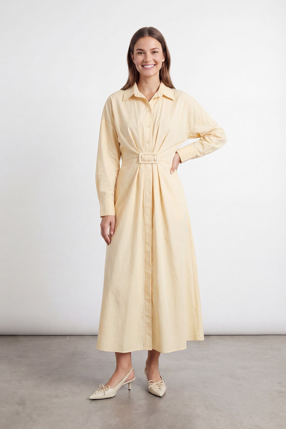 Kadın Gömlek Yaka Kuşaklı Uzun Elbise – 20745ELB - YELLOW